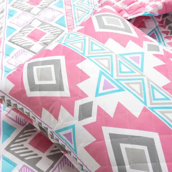 Twin Southwest Indian Style Polyester Pink Blue Striped Reversible Quilt Set Photo 4