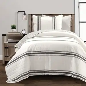 Photo of Twin/Twin XL Black White 2 Piece Stripe Reversible Cotton Quilt Set