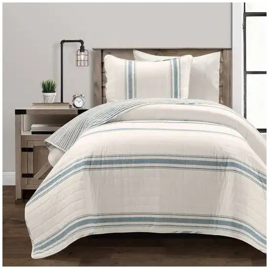 Twin/Twin XL Blue White 2 Piece Stripe Reversible Cotton Quilt Set Photo 1