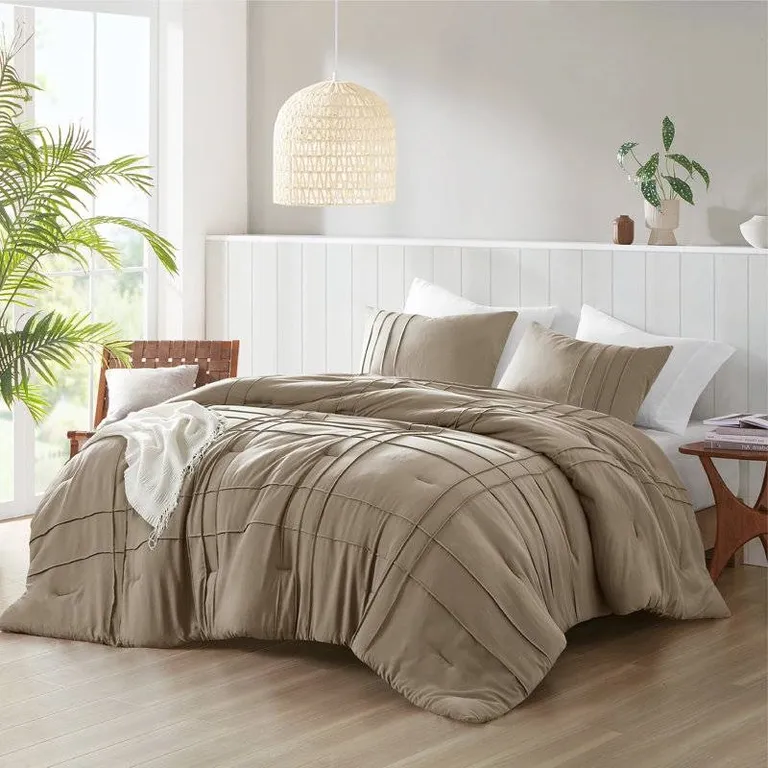 Twin/Twin XL Microfiber Pleated Soft Washed Comforter Set Tan Photo 2