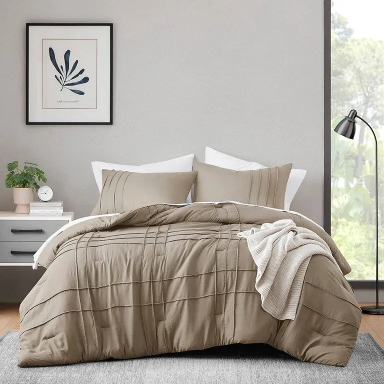 Twin/Twin XL Microfiber Pleated Soft Washed Comforter Set Tan Photo 1