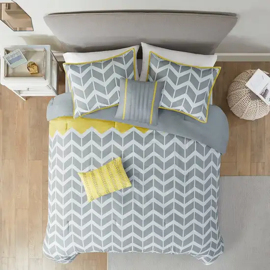 Twin / Twin XL Reversible Comforter Set in Grey White Yellow Chevron Stripe Photo 4