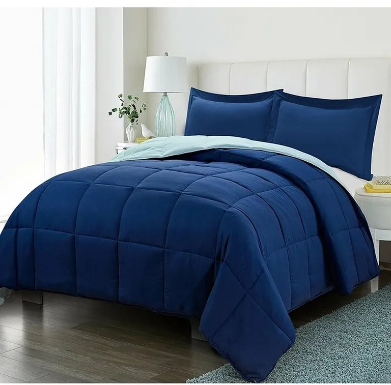 Twin/Twin XL Traditional Microfiber Reversible 3 Piece Comforter Set in Blue/Navy Photo 2