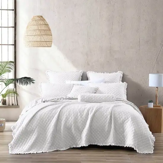 Twin White Farmhouse Microfiber Diamond Quilted Bedspread Set Frayed Edges Photo 1