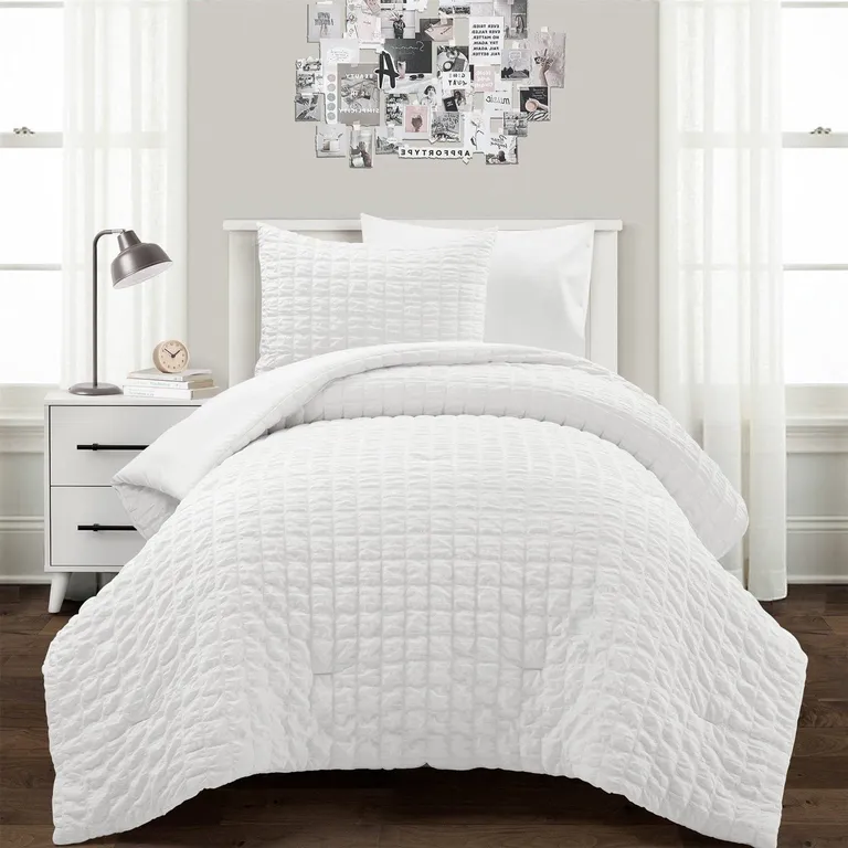 Twin/XL Size Crinkled Textured 2 Piece Comforter Set White Photo 1