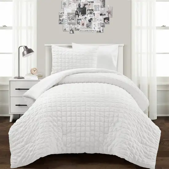 Twin/XL Size Crinkled Textured 2 Piece Comforter Set White Photo 1