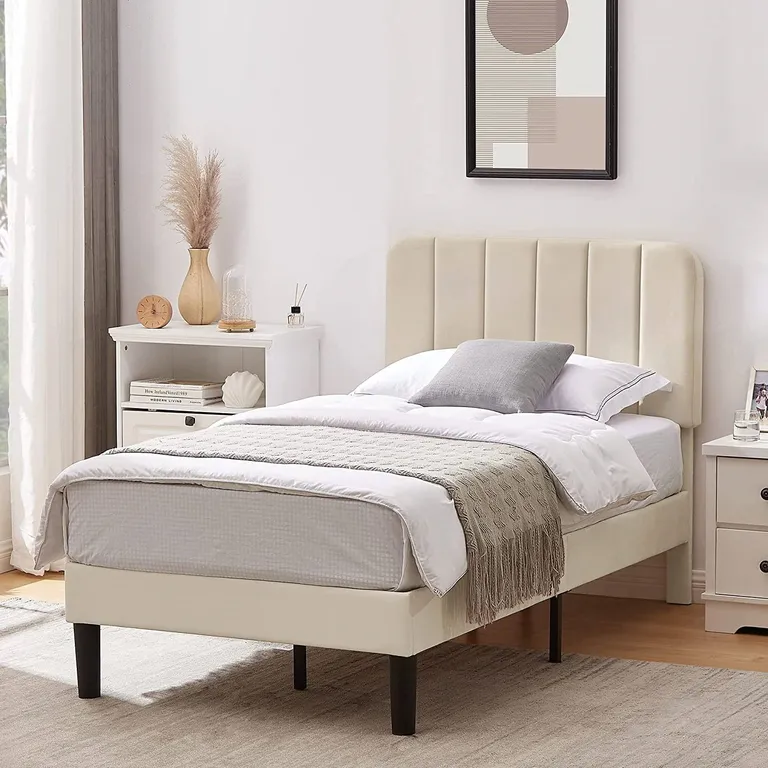 Twin size Beige Upholstered Platform Bed Frame with Headboard Photo 2