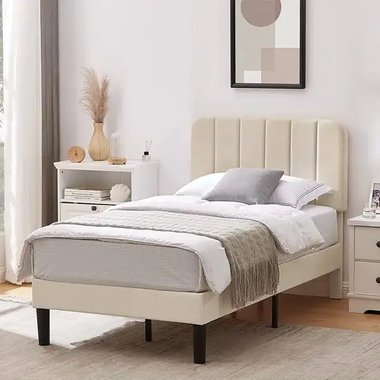 Twin size Beige Upholstered Platform Bed Frame with Headboard Photo 1