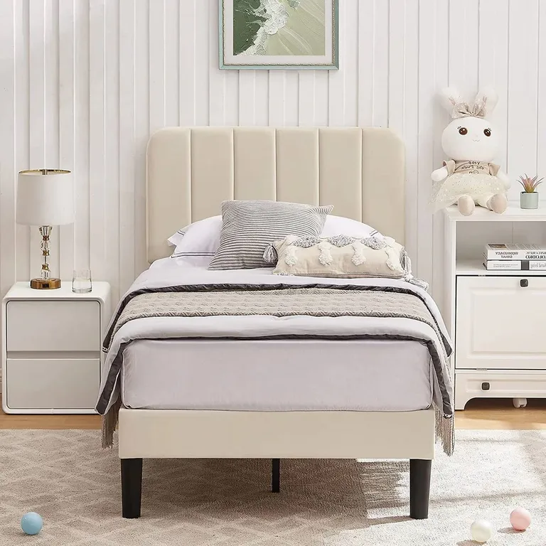 Twin size Beige Upholstered Platform Bed Frame with Headboard Photo 3