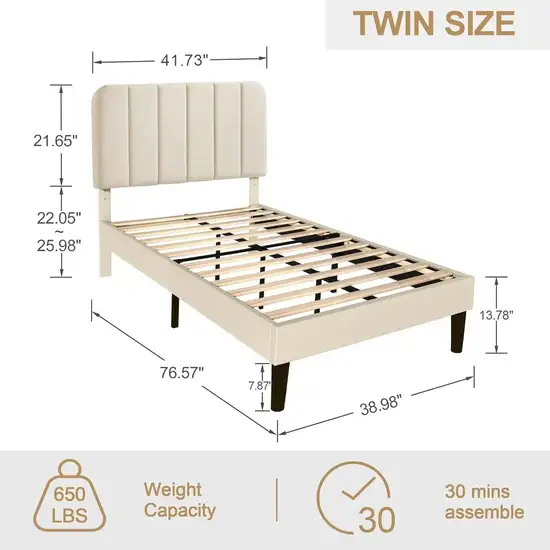 Twin size Beige Upholstered Platform Bed Frame with Headboard Photo 5