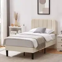 Photo of Twin size Beige Upholstered Platform Bed Frame with Headboard