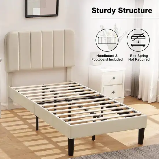 Twin size Beige Upholstered Platform Bed Frame with Headboard Photo 4