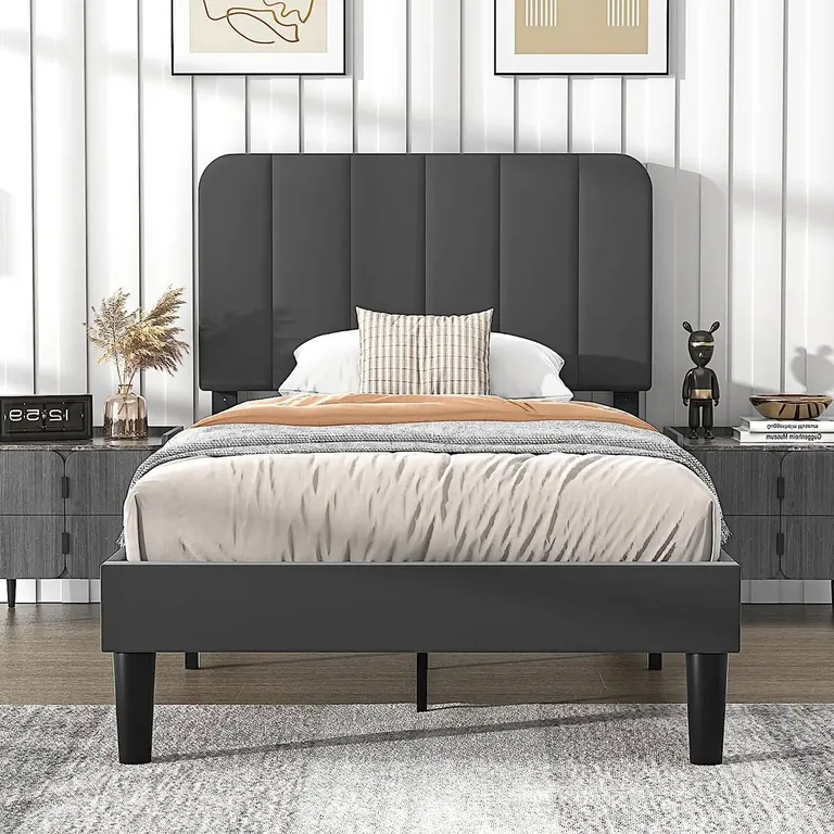 Twin size Dark Grey Upholstered Platform Bed Frame with Headboard Photo 1