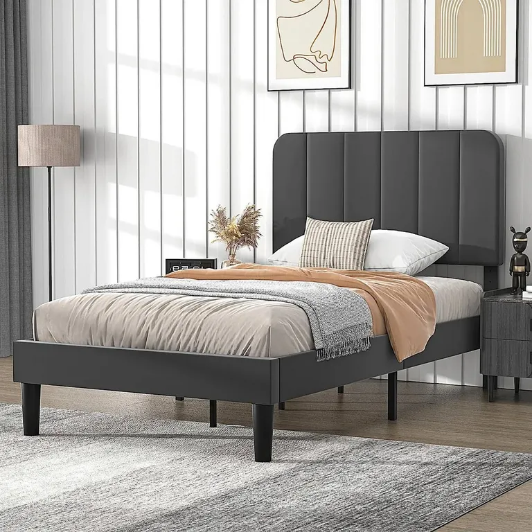 Twin size Dark Grey Upholstered Platform Bed Frame with Headboard Photo 2