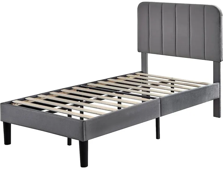 Twin size Dark Grey Upholstered Platform Bed Frame with Headboard Photo 3