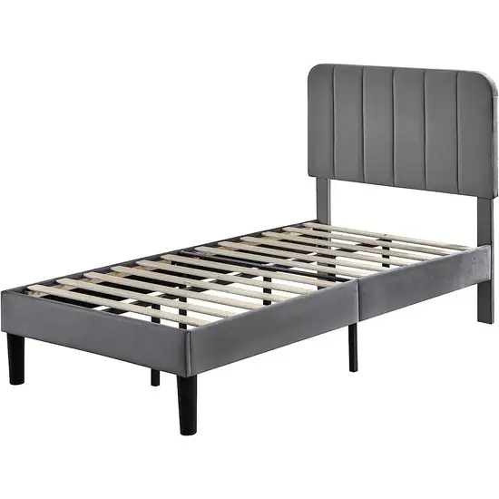 Twin size Dark Grey Upholstered Platform Bed Frame with Headboard Photo 3