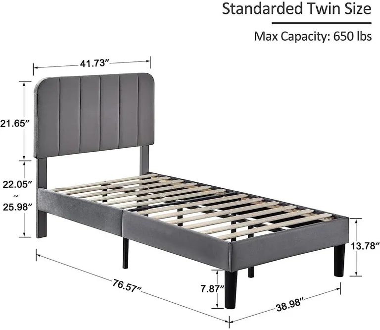 Twin size Dark Grey Upholstered Platform Bed Frame with Headboard Photo 5