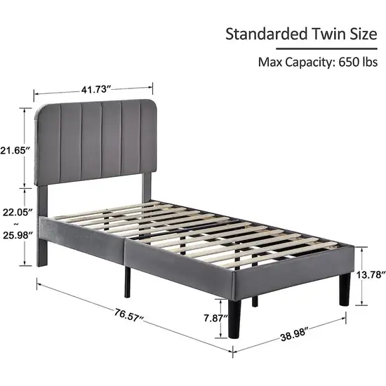 Twin size Dark Grey Upholstered Platform Bed Frame with Headboard Photo 5