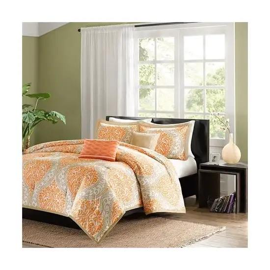 Twin size 4-Piece Orange White Damask Print Comforter Set Photo 2