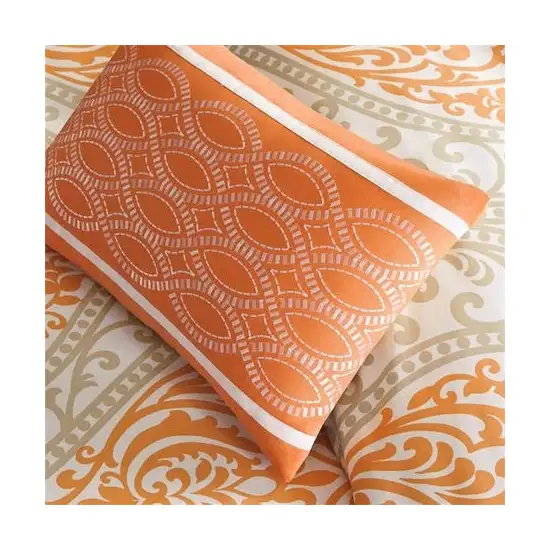 Twin size 4-Piece Orange White Damask Print Comforter Set Photo 4