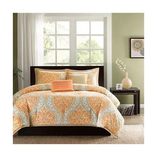 Twin size 4-Piece Orange White Damask Print Comforter Set Photo 1