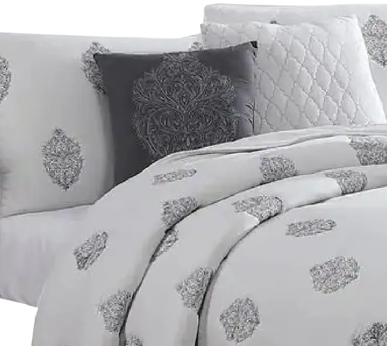 Tyler 6 Piece Queen Comforter Set, Damask Design, The Urban Port, White Photo 2