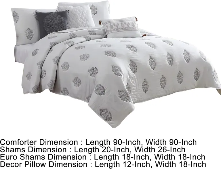 Tyler 6 Piece Queen Comforter Set, Damask Design, The Urban Port, White Photo 5