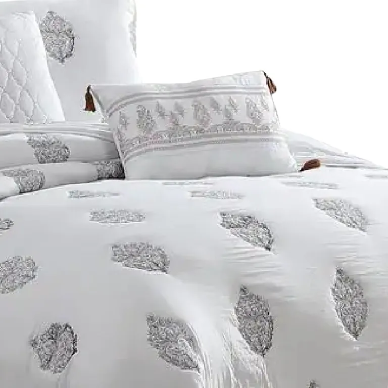 Tyler 6 Piece Queen Comforter Set, Damask Design, The Urban Port, White Photo 3