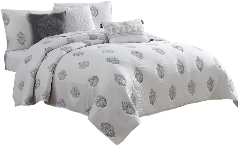 Tyler 6 Piece Queen Comforter Set, Damask Design, The Urban Port, White Photo 1