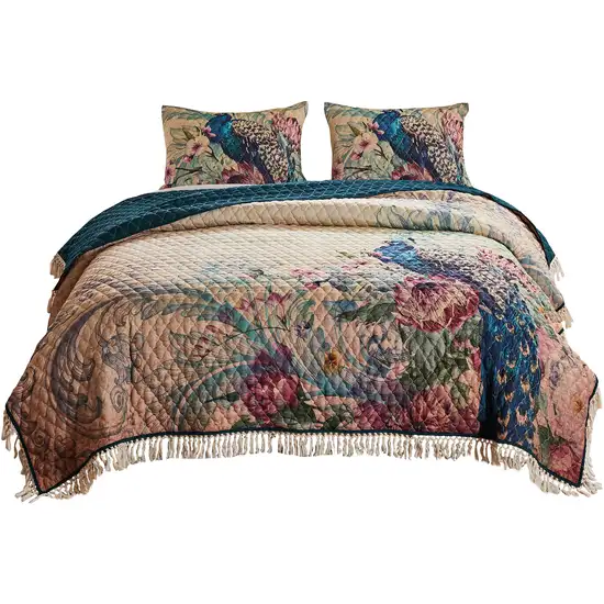 Ufa 36 Inch Quilted King Pillow Sham, Peacock Print, Vermicelli Stitching Photo 4