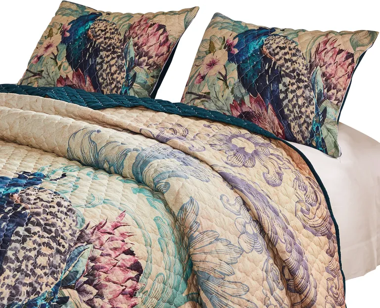 Ufa 36 Inch Quilted King Pillow Sham, Peacock Print, Vermicelli Stitching Photo 2