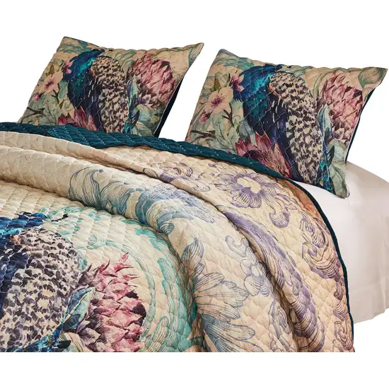 Ufa 36 Inch Quilted King Pillow Sham, Peacock Print, Vermicelli Stitching Photo 2