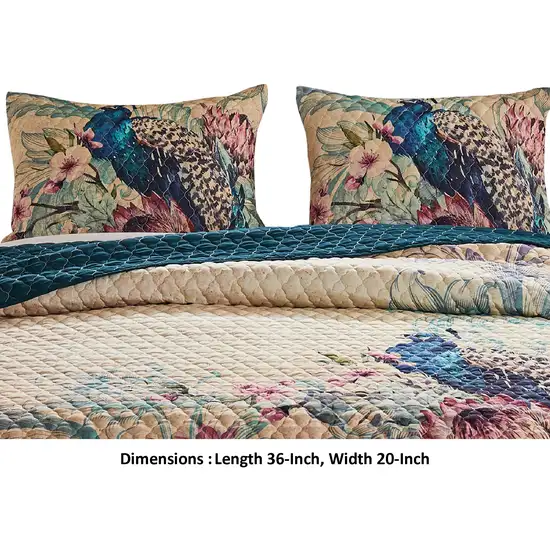 Ufa 36 Inch Quilted King Pillow Sham, Peacock Print, Vermicelli Stitching Photo 5
