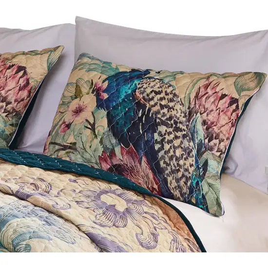 Ufa 36 Inch Quilted King Pillow Sham, Peacock Print, Vermicelli Stitching Photo 1