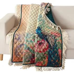 Photo of Ufa 60 Inch Quilted Throw Blanket, Blue Microfiber, Peacock, Floral Design