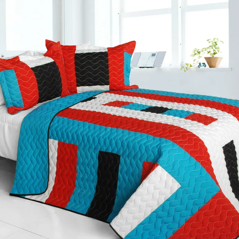 Vital Vibrations - Vermicelli-Quilted Patchwork Geometric Quilt Set Full/Queen Photo 1