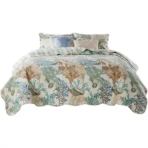 Photo of Wade 5 Piece Full Quilt Set, Ocean Design, Scalloped Edges, Floral Pattern