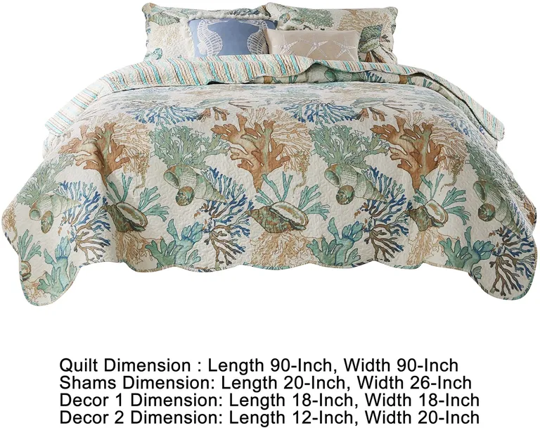Wade 5 Piece Full Quilt Set, Ocean Design, Scalloped Edges, Floral Pattern Photo 5