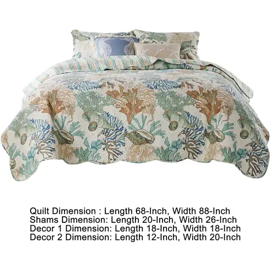 Wade 4 Piece Twin Quilt Set, Ocean Design, Scalloped Edges, Floral Pattern Photo 5