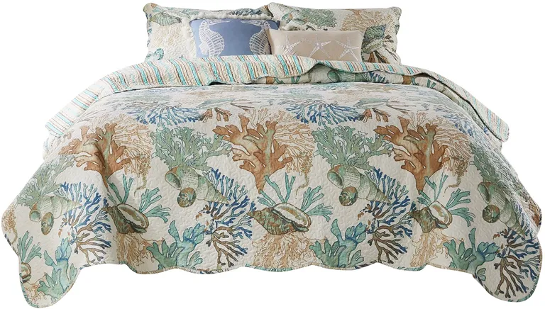 Wade 4 Piece Twin Quilt Set, Ocean Design, Scalloped Edges, Floral Pattern Photo 1