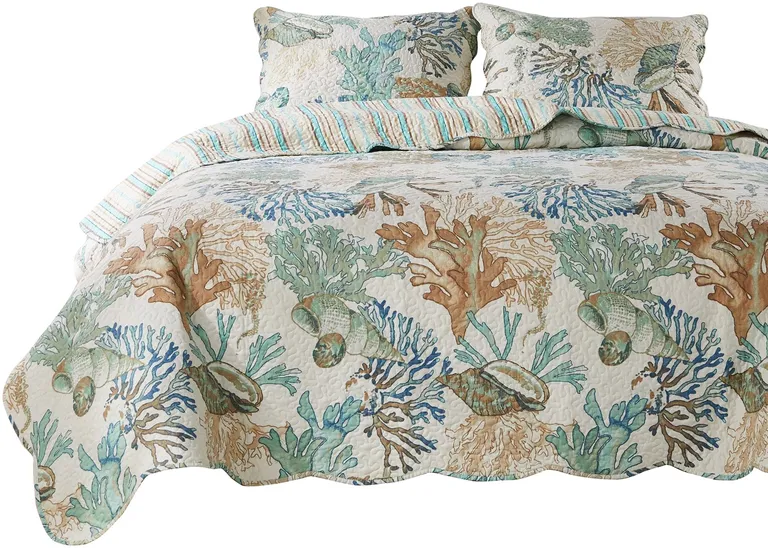 Wade 4 Piece Twin Quilt Set, Ocean Design, Scalloped Edges, Floral Pattern Photo 2