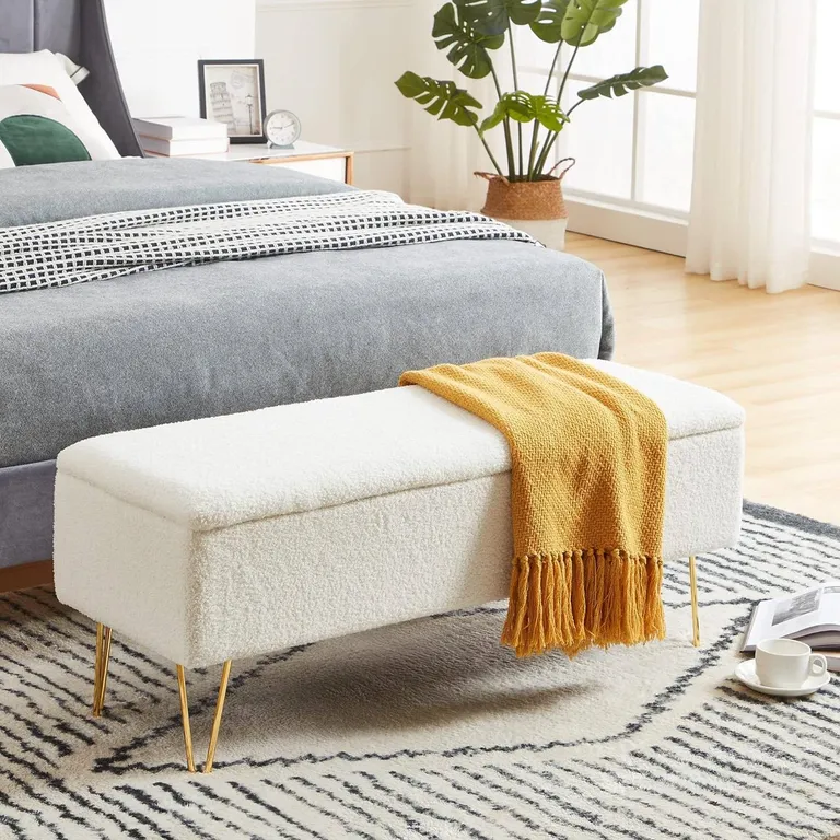 White Sherpa Fabric Upholstered End of Bed Storage Bench with Gold Finish Legs Photo 1