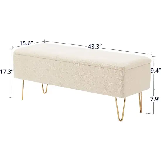 White Sherpa Fabric Upholstered End of Bed Storage Bench with Gold Finish Legs Photo 5