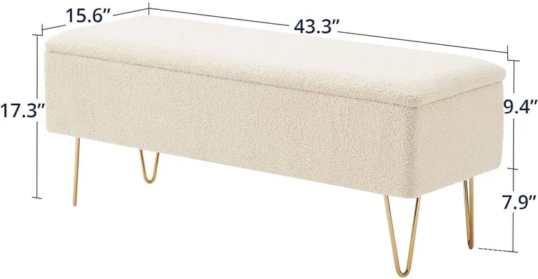 White Sherpa Fabric Upholstered End of Bed Storage Bench with Gold Finish Legs Photo 5