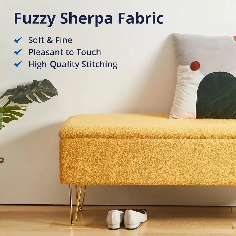 Yellow Sherpa Fabric Upholstered End of Bed Storage Bench with Gold Finish Legs Photo 3