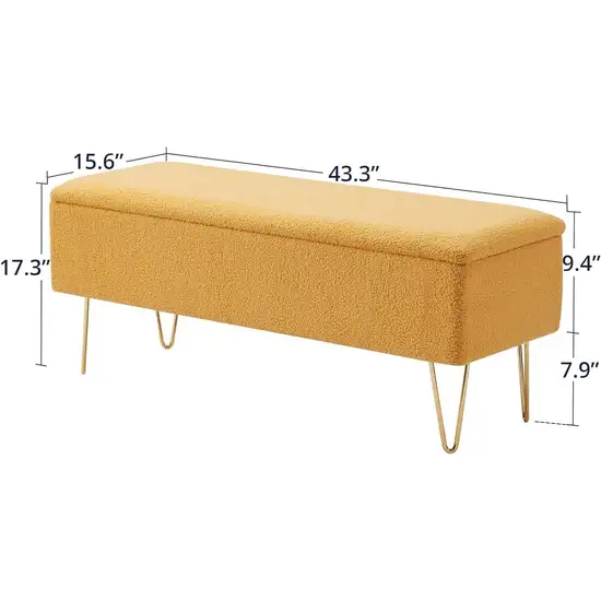 Yellow Sherpa Fabric Upholstered End of Bed Storage Bench with Gold Finish Legs Photo 5