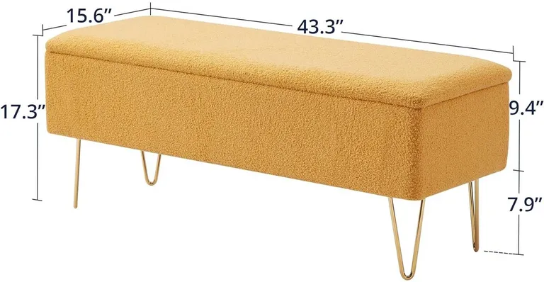 Yellow Sherpa Fabric Upholstered End of Bed Storage Bench with Gold Finish Legs Photo 5