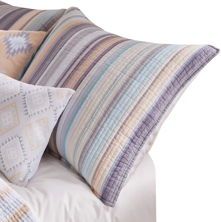 Ysa 36 Inch Quilted King Pillow Sham, Cotton, Reversible Striped Design Photo 1